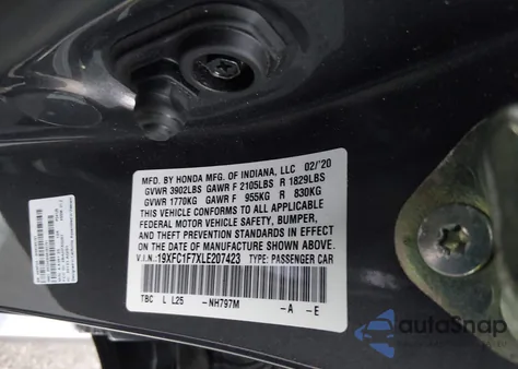 2020 Honda Civic Ex-L from USA, damaged, VIN 19XFC1F7XLE207423